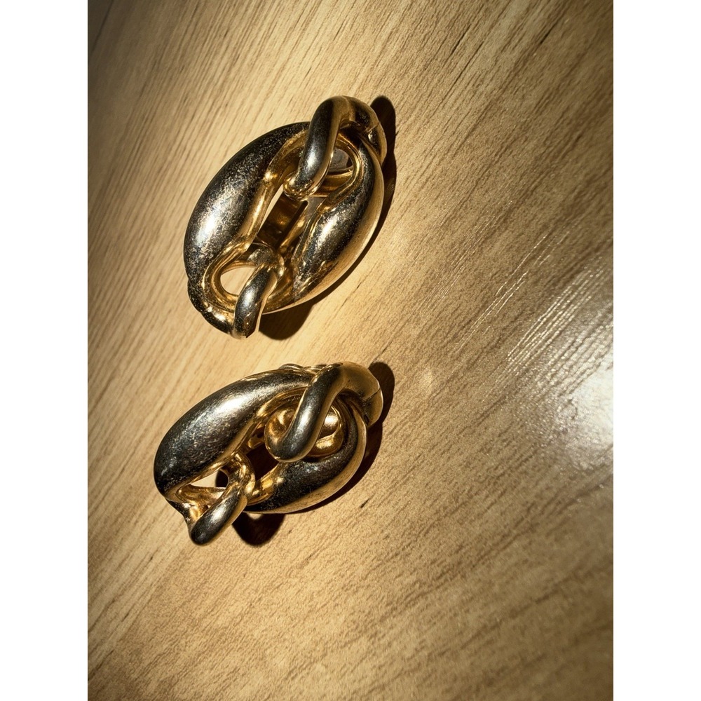 Signed Bergere Gold Silver Tone Metal Chain Round Clip On Earrings Vintage